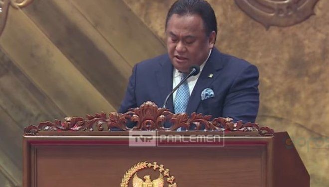 Wakil Ketua DPR RI Rachmat Gobel saat membacakan pidato Ketua DPR RI pada Rapat Paripurna DPR di Kompleks Parlemen, Jakarta, Selasa (14/5/2024). (ANTARA/YouTube/DPR RI)