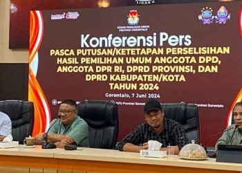 Capt:KPU Provinsi Gorontalo Melaksanakan Konferensi Pers Hasil Pemilu 2024. Jum’at, 7/6/2024 (Fg. Aas Ome)