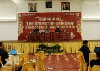 Rapat Koordinasi Penyusunan Kebutuhan dan Anggaran Pengadaan Logistik Pilkada Tahun 2024 di Hotel Fox Kota Gorontalo Sabtu (20-7-2024).
