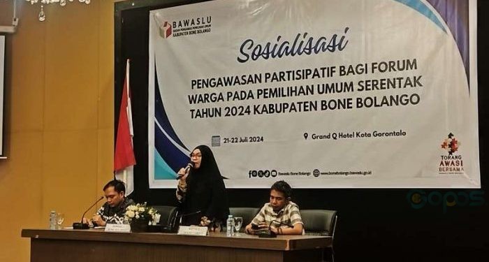 Sosialisasi Pengawasan Partisipatif Bagi Forum Warga Pada Pemilihan Umum Serentak Tahun 2024 Kabupaten Bone Bolango, di Hotel Grand Q Kota Gorontalo, Ahad (21-7-2024).