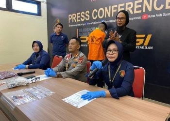 Konferensi pers kasus pelecahan seksual terhadap korban banjir di Kecamatan Tilango oleh Polda Gorontalo, Selasa (30/7/2024). (Foto Arif/gopos)
