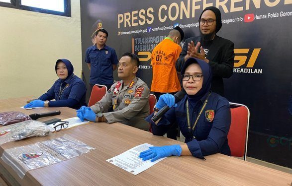 Konferensi pers kasus pelecahan seksual terhadap korban banjir di Kecamatan Tilango oleh Polda Gorontalo, Selasa (30/7/2024). (Foto Arif/gopos)