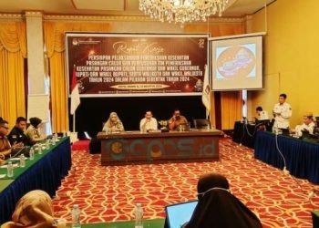 Rapat Kerja Persiapan Pelaksanaan Pemeriksaan Kesehatan Pasangan Calon dan Penyusunan Tim Pemeriksaan Kesehatan Pasangan Calon Gubernur dan Wakil Gubernur, Bupati dan Wakil Bupati, Walikota dan Wakil Walikota Tahun 2024 dalam Pilkada Serentak Tahun 2024 di Hotel Grand Q Kota Gorontalo, Senin (12-8-2024).