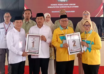 Hasil pengambilan nomor urut bagi Cabup dan Cawabup Gorontalo Utara, Senin (23/9/2024).(Foto Hulondalo.id)