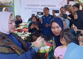 Direktur Penganekaragaman Konsumsi Pangan Badan Pangan Nasional (Bapanas) Rinna Syawal menyuapkan makanan pada anak di Rumah Pangan B2SA, di Lombok Tengah, Nusa Tenggara Barat, beberapa waktu lalu. (ANTARA/Indriani)