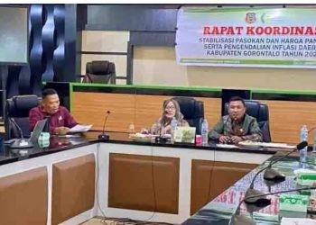 Sekretaris Daerah Haris Tome, memberikan arahan para rapat koordinasi stabilisasi pasokan dan harga pangan serta pengendalian inflasi daerah di Kabupaten Gorontalo tahun 2024, Kamis (19/9/2024). Foto: Kominfo