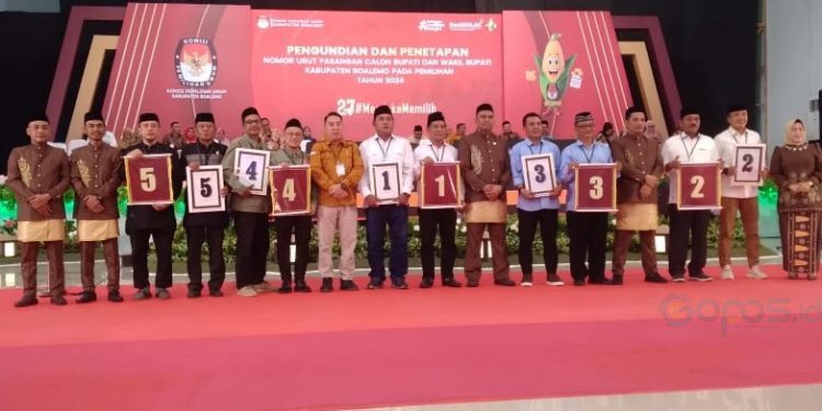Lima pasangan cabup dan cawabup Boalemo resmi mendapatkan nomor urut pada pengundian yang diselenggarakan KPU Boalemo, Senin malam (23/9/2024). (Foto KPU)