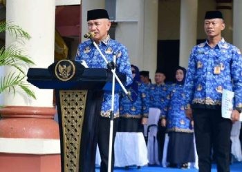 Bupati Pohuwato, Saipul Mbuinga, memberikan sambutan HUT korpri, berlangsung di halaman kantor bersama Bupati Pohuwato, Jum'at (29/11/0224) (Iwan Karim)