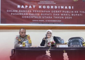 Rakor persiapan debat publik ketiga Pilkada Gorut yang dipimpin KPU Gorontalo Utara, Minggu (10/11/2024).(Foto KPU)