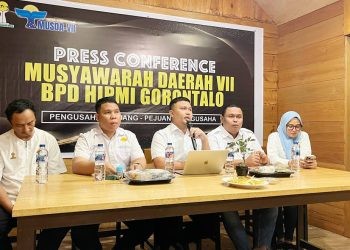 Konfrensi Pers Panitia Musda BPD HIPMI Provinsi Gorontalo ke VII yang dilaksanakan di sekretariat RM Ainun Jalan Sudirman Kota Gorontalo, Senin 18 November 2024.