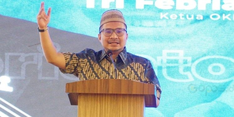 Ketua OKK BPP HIPMI, Tri Febrianto Damu pada Musyawarah Daerah VII BPD HIPMI Goronralo, Senin (23/12/2024).(Foto Rama Gopos)
