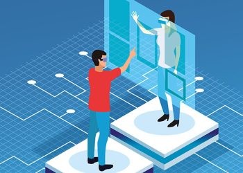 Couple playing on screen with virtual reality glasses on blue background with electronic circuits vector illustration graphic design