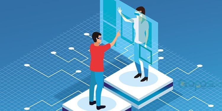 Couple playing on screen with virtual reality glasses on blue background with electronic circuits vector illustration graphic design