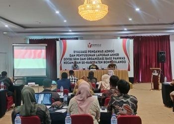 Evaluasi Kinerja SDM Pengawas Adhoc dan Penyusunan Laporan Akhir Divisi SDM, Organisasi, Pendidikan dan Pelatihan Bagi Panwascam Se Kabupaten Bone Bolango Pada Pemilihan Serentak Tahun 2024 di UTC Damhil, Kota Gorontalo, Jumat (17-1-2025).