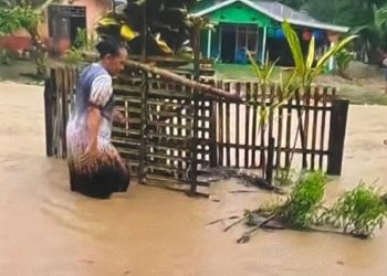 Banjir yang melanda desa Molowahu merembet ke pemukiman warga.(Foto Kades)