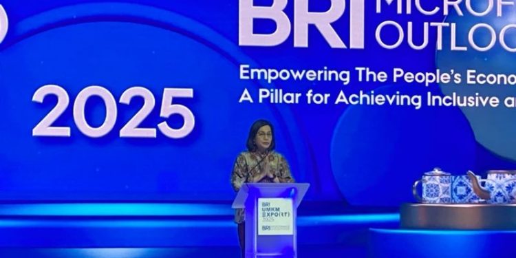 Menteri Keuangan Sri Mulyani Indrawati dalam BRI Microfinance Outlook 2025 di Tangerang, Banten, Kamis (30/1/2025). ANTARA/Imamatul Silfia