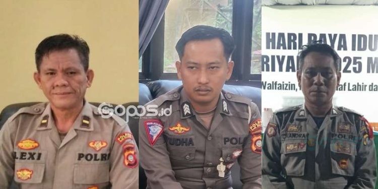 KaPospam Pengamanan Lebaran, Ipda Lexi Rundunuwu (kiri), Brigadir, Candra Lasimpala (kanan) dan Brigadir Yudha (tengah).
