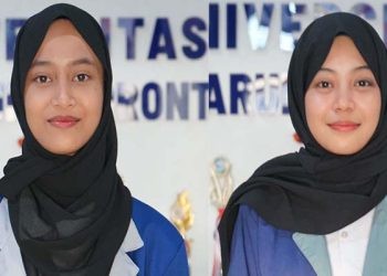 Dua mahasiswa yang mewakili Unbita Gorontalo Tri Adelia Tasmala (kiri) dan Rahmadia Oktaviani Ladawing (kanan) pada ajang Pemilihan Mahasiswa Berprestasi Tingkat LLDIKTI Wilayah XVI Tahun 2025.