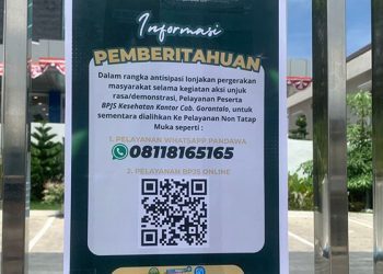 Informasi di depan kantor BPJS Kesehatan yang  meniadakan pelayanan tatap muka seiring perkembangan situasi, Senin (1/9/2025).