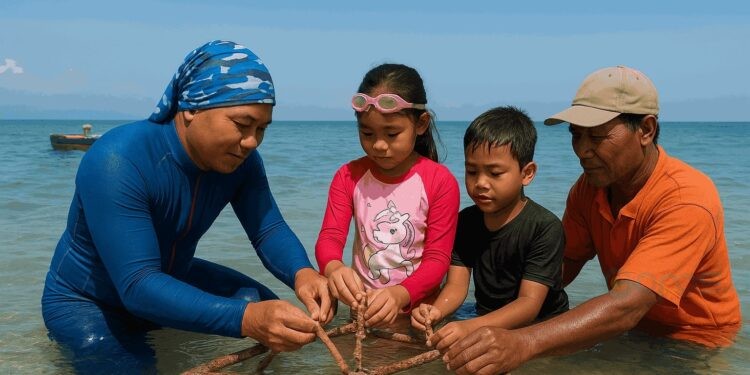 Proses penanaman bibit terumbu karang pada media transplantasi dengan menggunakan metode Spider Reef di Perairan Botutonuo bersama siswa SD Brillikids Leadership Elementery School, Selasa (21/10/2025)