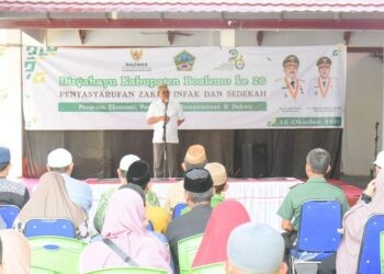 Bupati Boalemo, Rum Pagau, memberikan sambutan pentasyarupan zakat infak dan sedekah, bertempat di Hotel Grand Amelia, Selasa (14/10/2025) (Istimewa)
