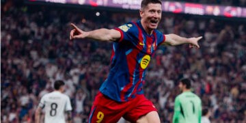 Foto: Selebrasi Robert Lewandowski usai mencetak gol ke gawang Real Madrid di Final Piala Super Spanyol 2026 di Arab Saudi (Instagram Barcelona FC)