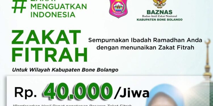 Pemerintah Kabupaten Bone Bolango resmi menetapkan besaran zakat fitrah tahun 1447 Hijriah sebesar Rp40 ribu per jiwa.