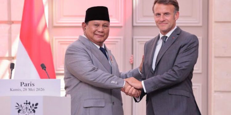 Presiden Republik Indonesia (kiri) Prabowo Subianto dan Presiden Republik Prancis (kanan) Emmanuel Macron dalam pernyataan bersama di Istana Elysee, Paris, Prancis, Kamis (28/5/2026). ANTARA/HO-BPMI Sekretariat Presiden