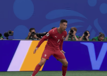 Ronaldo saat melakukan selebrasi usai mencetak gol ke dua ke gawang Uzbekistan.(F. tangkapan layar)