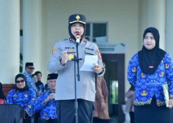 Kepala Badan Narkotika Nasional Provinsi (BNNP) Gorontalo, Brigjen Pol. Sri Bardiyati, saat memimpin apel Korpri Pohuwato, Kamis (16/07/2026) (Prokopim Pohuwato)