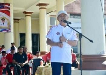 Bupati Pohuwato, Saipul Mbuinga, memberikan sambutan pencanangan HUT RI ke 81, Rabu (05/08/2026) (Iwan Karim Prokopim Pohuwato)