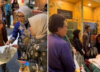 Kepala Perwakilan BI Gorontalo, Bambang Setya Permana (kiri) memperkenalkan karawo ecoprint kepada pengunjung JICC dalam gelaran Karya Kreatif Indonesia (KKI) 2026. Perancang busana Indonesia, Ragowo (Didit) Hediprasetyo (Kanan), melihat koleksi karawo di KKI 2026.