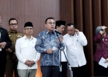 Wakil Ketua DPR RI Sufmi Dasco Ahmad saat konferensi pers bersama jajaran pemerintah di kompleks parlemen, Jakarta, Selasa (18/8/2026). ANTARA/Bagus Ahmad Rizaldi