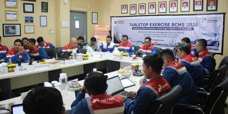 T Pertamina Patra Niaga Regional Sulawesi melalui Aviation Fuel Terminal (AFT) Hasanuddin menggelar simulasi Business Continuity Management System (BCMS) untuk menguji kesiapan menghadapi gangguan pasokan avtur, Selasa (1/9/2026).
