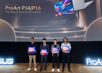 Dari kiri ke kanan: Adrian Pradipta, Technical Public Relations, ASUS Indonesia; Rudy Salim, CEO PRESTIGECORP; Lenny Lin - Country Manager, ASUS Indonesia; Marcello Tahitoe, Top Indonesian Singer; pada peluncuran Laptop ASUS ProArt 14 dan ProArt 16, Selasa (20/10/2026)