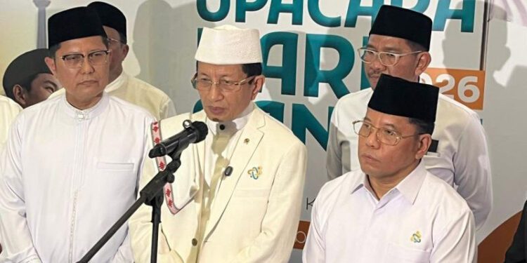 Menteri Agama Nasaruddin Umar saat konferensi pers pascaupacara peringatan Hari Santri di Kemenag, Jakarta, Kamis (22/10/2026). ANTARA/Asep Firmansyah