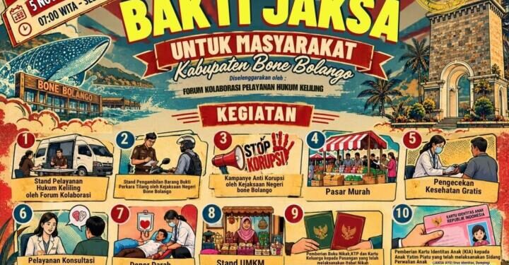 Kejaksaan Negeri Bone Bolango menghadirkan 14 layanan, mulai dari pelayanan hukum dan kesehatan gratis hingga penataan aset daerah melalui program Bakti Jaksa untuk Masyarakat di Center Point Bone Bolango, Kamis (5/11/2026) mendatang.