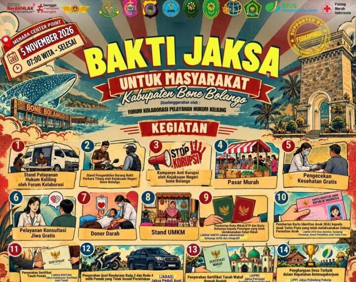 Kejaksaan Negeri Bone Bolango menghadirkan 14 layanan, mulai dari pelayanan hukum dan kesehatan gratis hingga penataan aset daerah melalui program Bakti Jaksa untuk Masyarakat di Center Point Bone Bolango, Kamis (5/11/2026) mendatang.